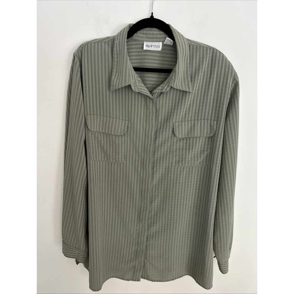 Apparenza 3X Women's Long Sleeve Button-Down Shoulder‎ Pads Blouse Olive Green